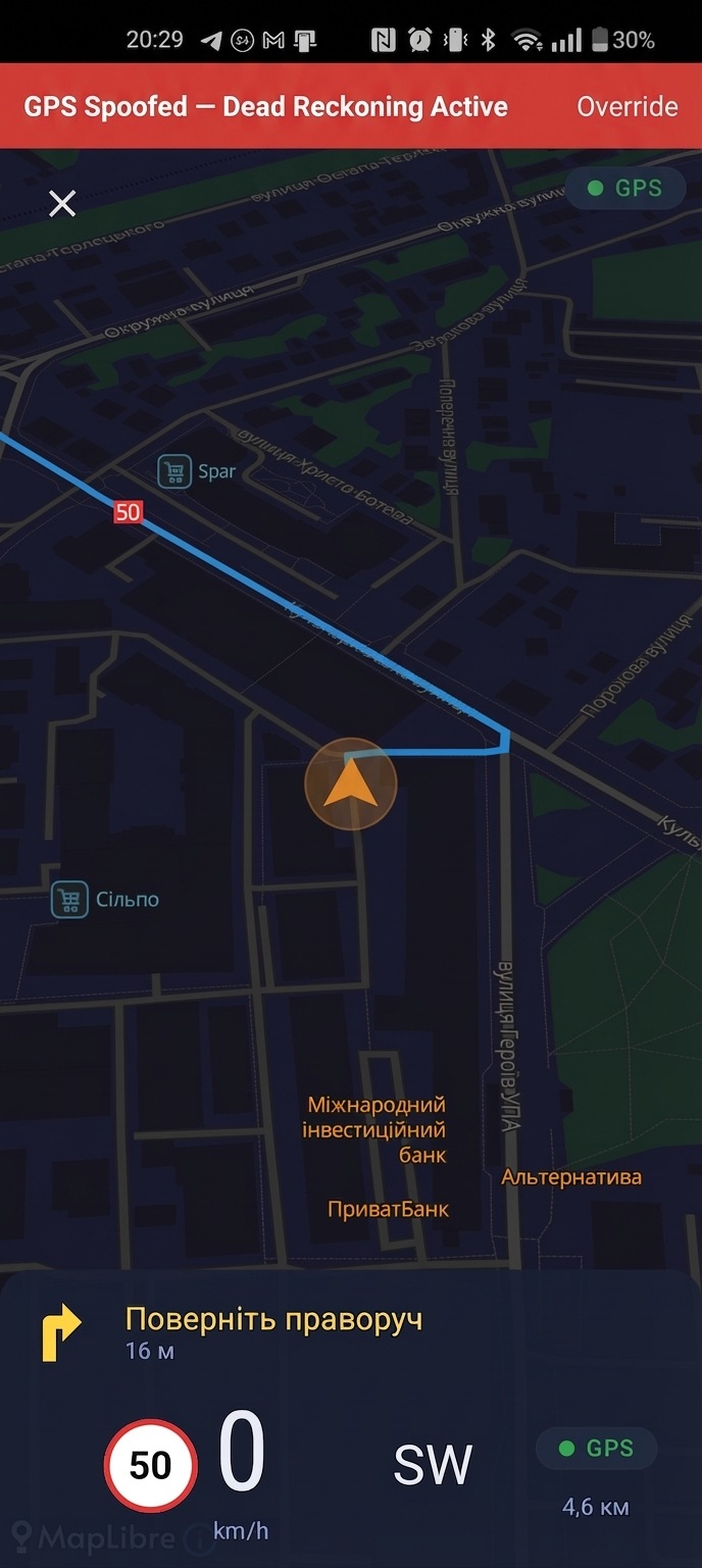 map view in Dead Reckoning Mode showing orange position marker