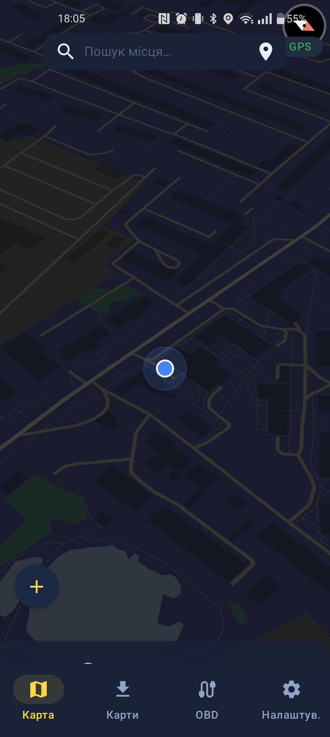 map view in GPS Mode showing blue position marker