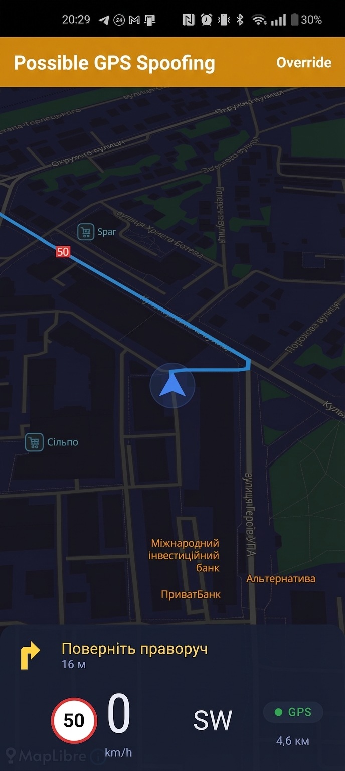 GPS disruption warning banner at confidence score 0.6