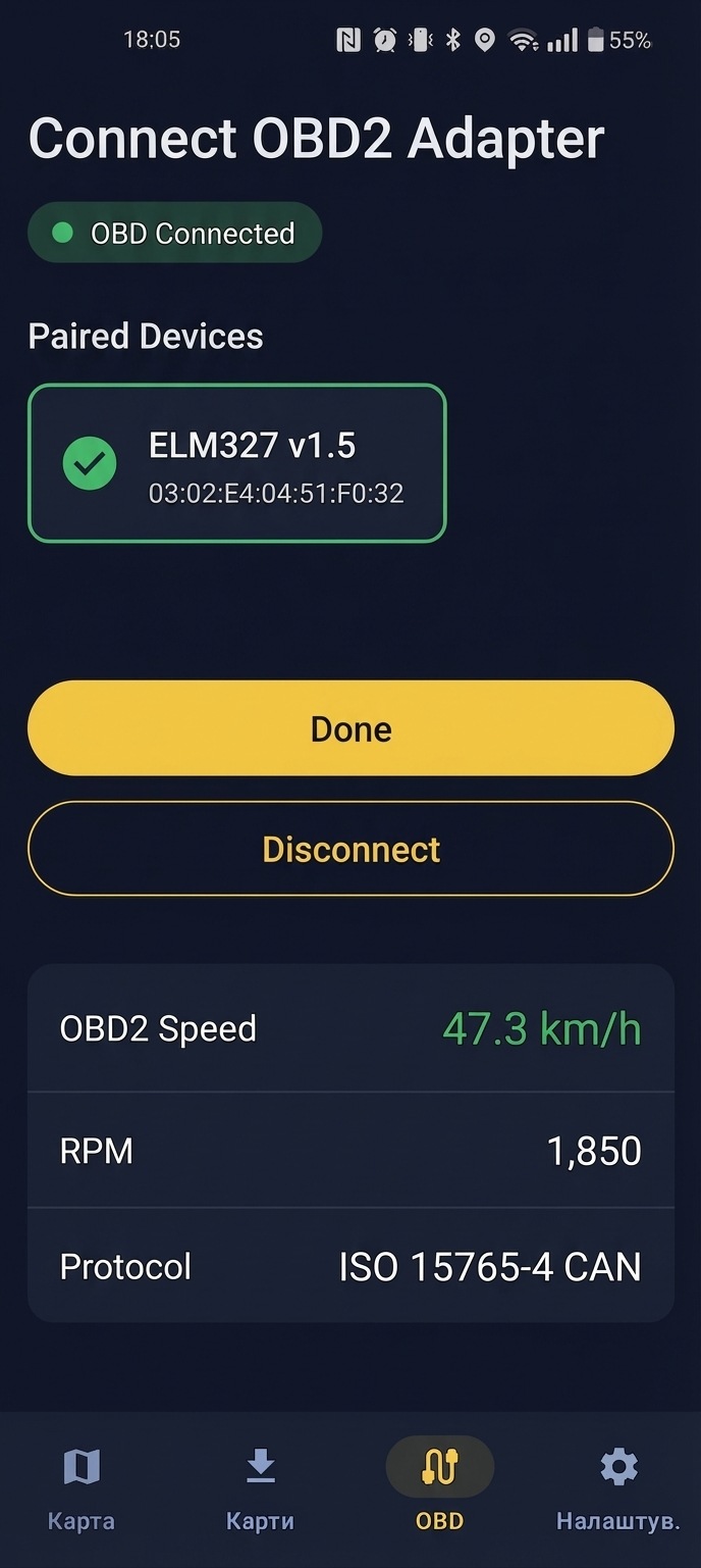 app status bar showing OBD2 speed reading and green connection indicator
