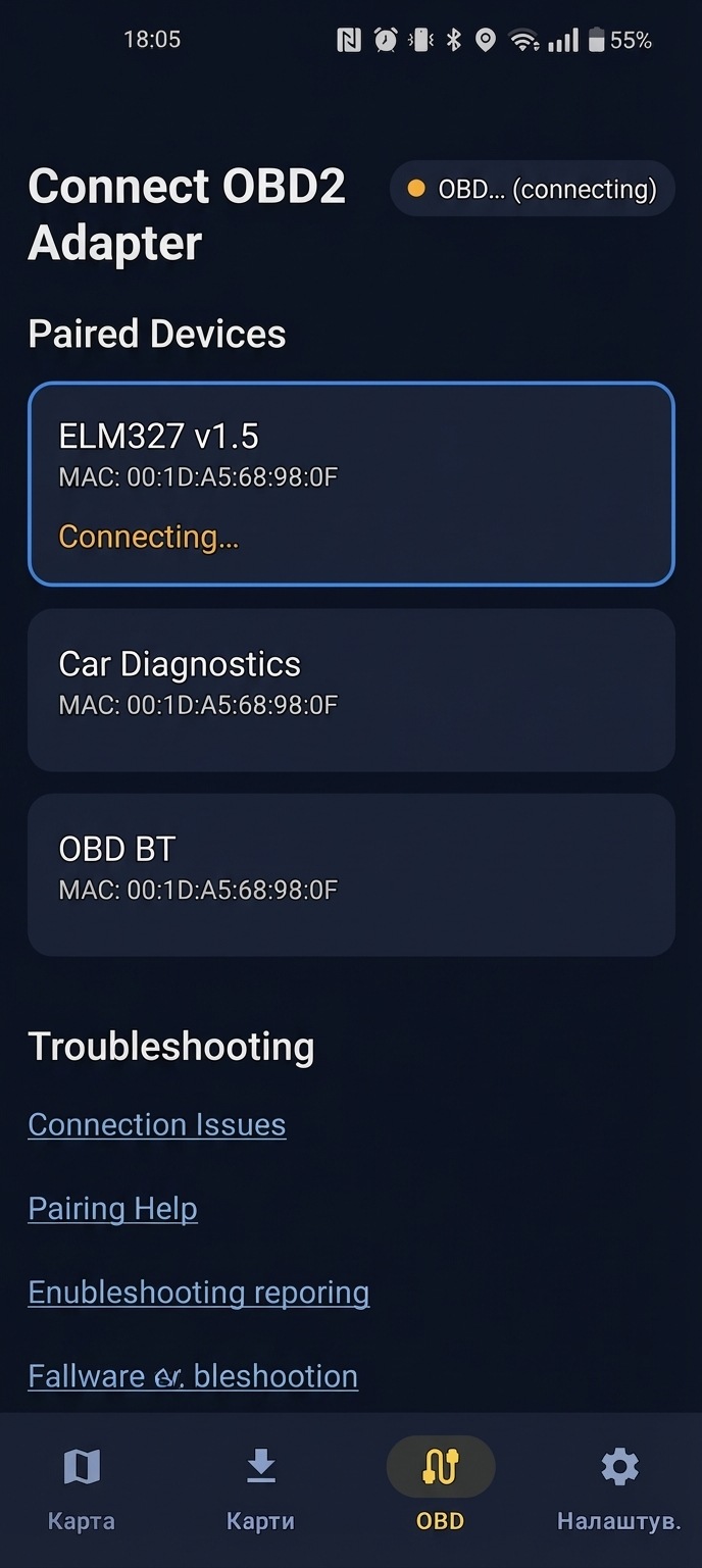 adapter selection screen in app showing discovered ELM327 device