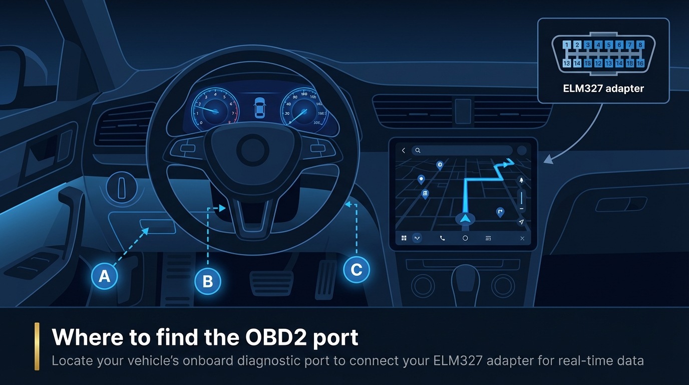 adapter plugged into OBD2 port under the dashboard