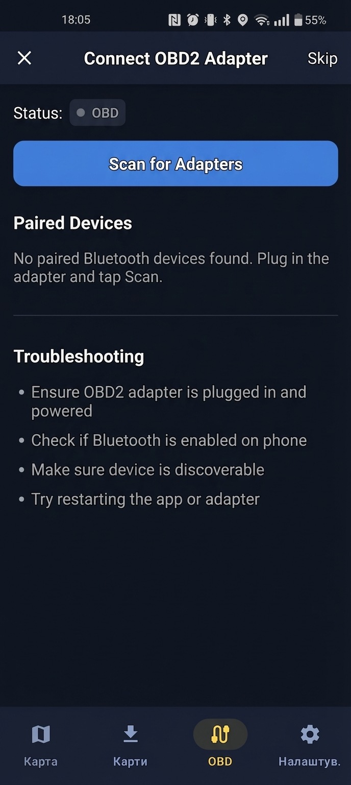 TrueRoute connection screen with Scan for Adapters button